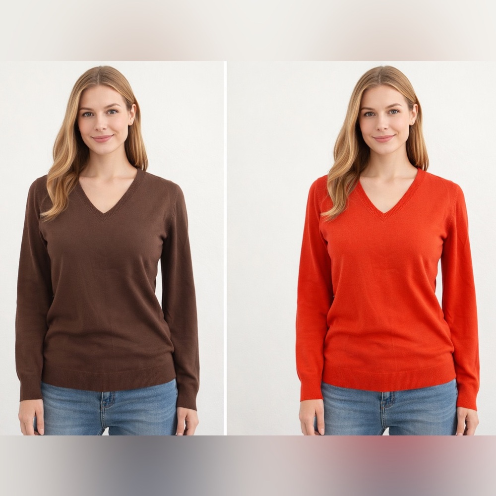 Soft Knit Classics Cashmere-Like V-Neck Brown and Orange Sweater Set. Sz. 2